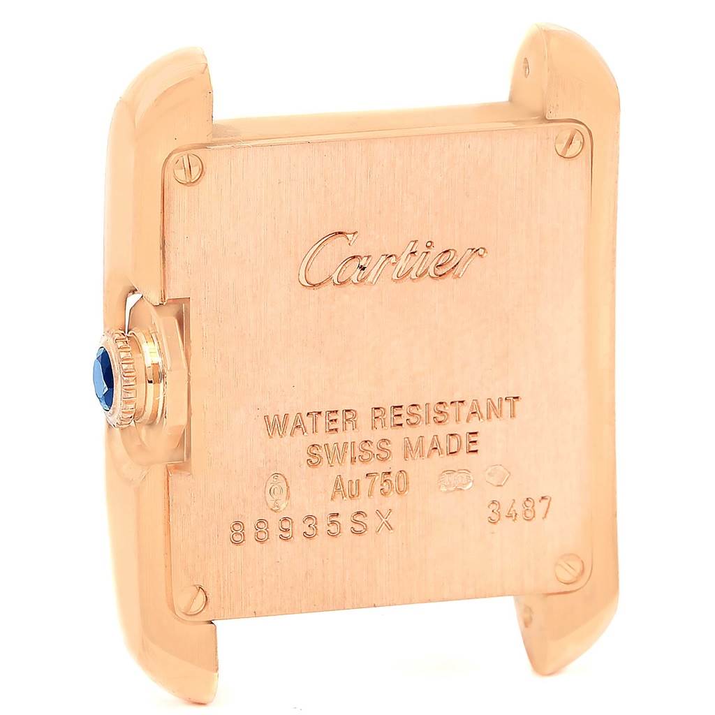 This is the back view of the Cartier Tank Anglaise W5310013 Women's Rose Gold Silver Dial W5310013 Women's Rose Gold Silver Dial watch, showing the case back and crown with a gemstone.