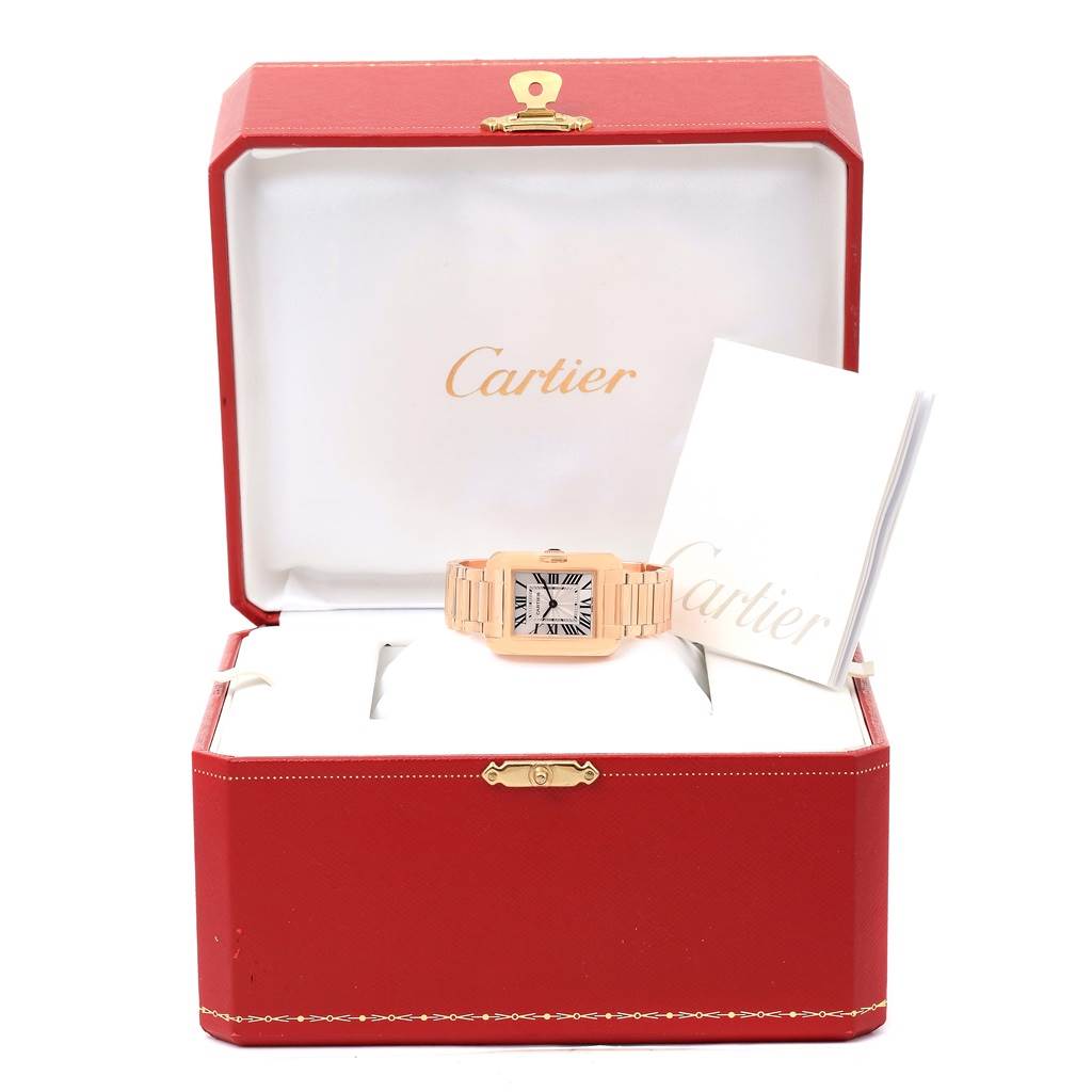 The image shows a Cartier Tank Anglaise W5310013 Women's Rose Gold Silver Dial W5310013 Women's Rose Gold Silver Dial watch displayed in an open red Cartier box with a booklet.