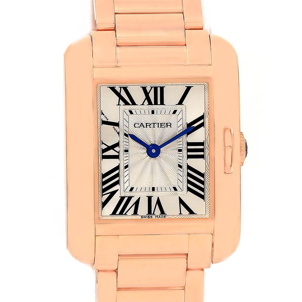 This image shows a Cartier Tank Anglaise W5310013 Women's Rose Gold Silver Dial W5310013 Women's Rose Gold Silver Dial watch from a front angle, featuring the face, case, and part of the bracelet.