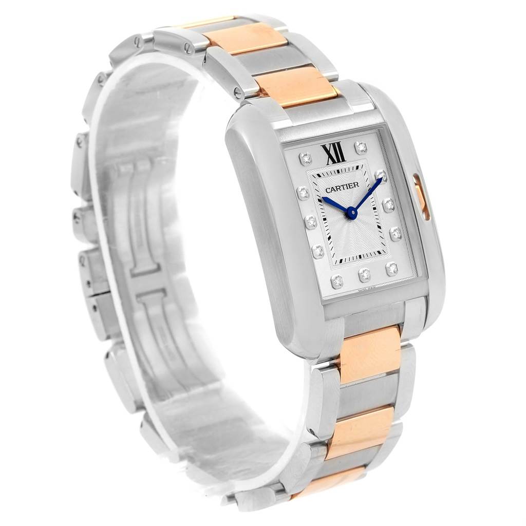 The image shows a Tank Anglaise model by Cartier, featuring a two-tone metal bracelet and rectangular face at a three-quarter angle.