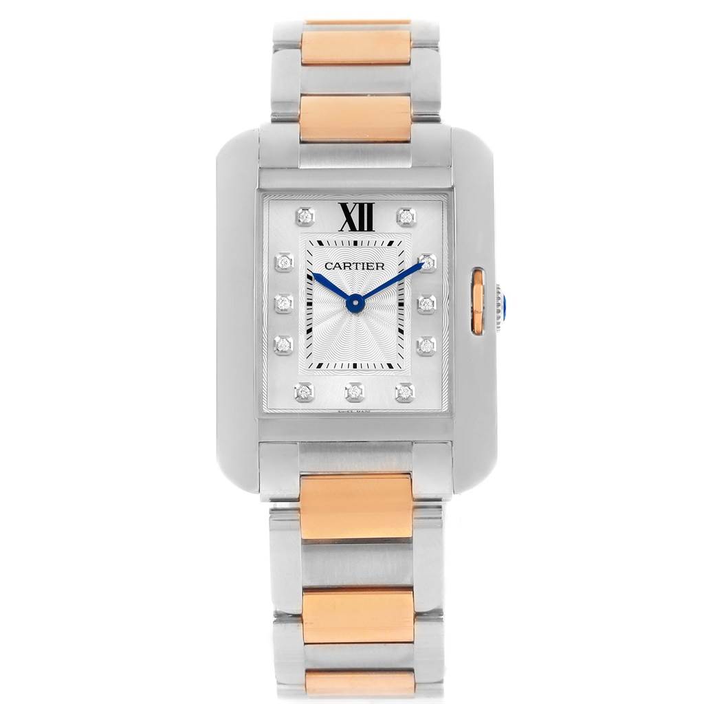 The image shows a full frontal view of the Cartier Tank Anglaise WT100032 Women's Steel and Gold (two tone) Silver Dial WT100032 Women's Steel and Gold (two tone) Silver Dial watch, highlighting its rectangular dial and two-tone metal bracelet.
