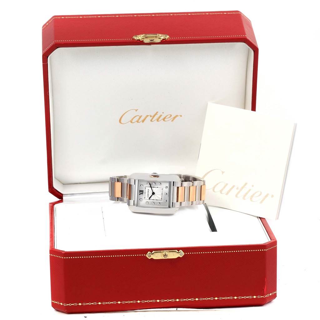 The Cartier Tank Anglaise WT100032 Women's Steel and Gold (two tone) Silver Dial WT100032 Women's Steel and Gold (two tone) Silver Dial watch is displayed front-facing in its open red box, alongside a booklet.