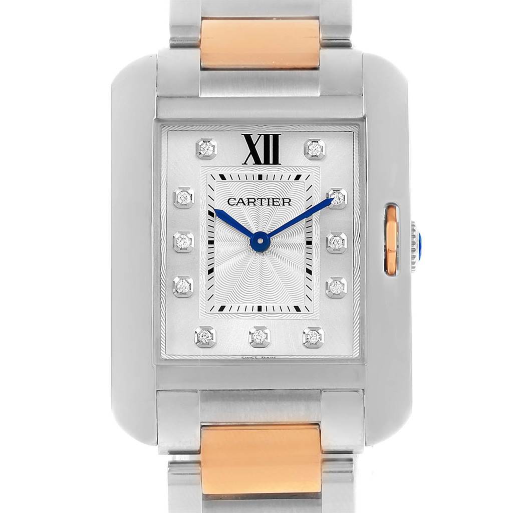 The image shows a front view of a Cartier Tank Anglaise WT100032 Women's Steel and Gold (two tone) Silver Dial WT100032 Women's Steel and Gold (two tone) Silver Dial watch, highlighting its face, hands, and part of the metal bracelet.