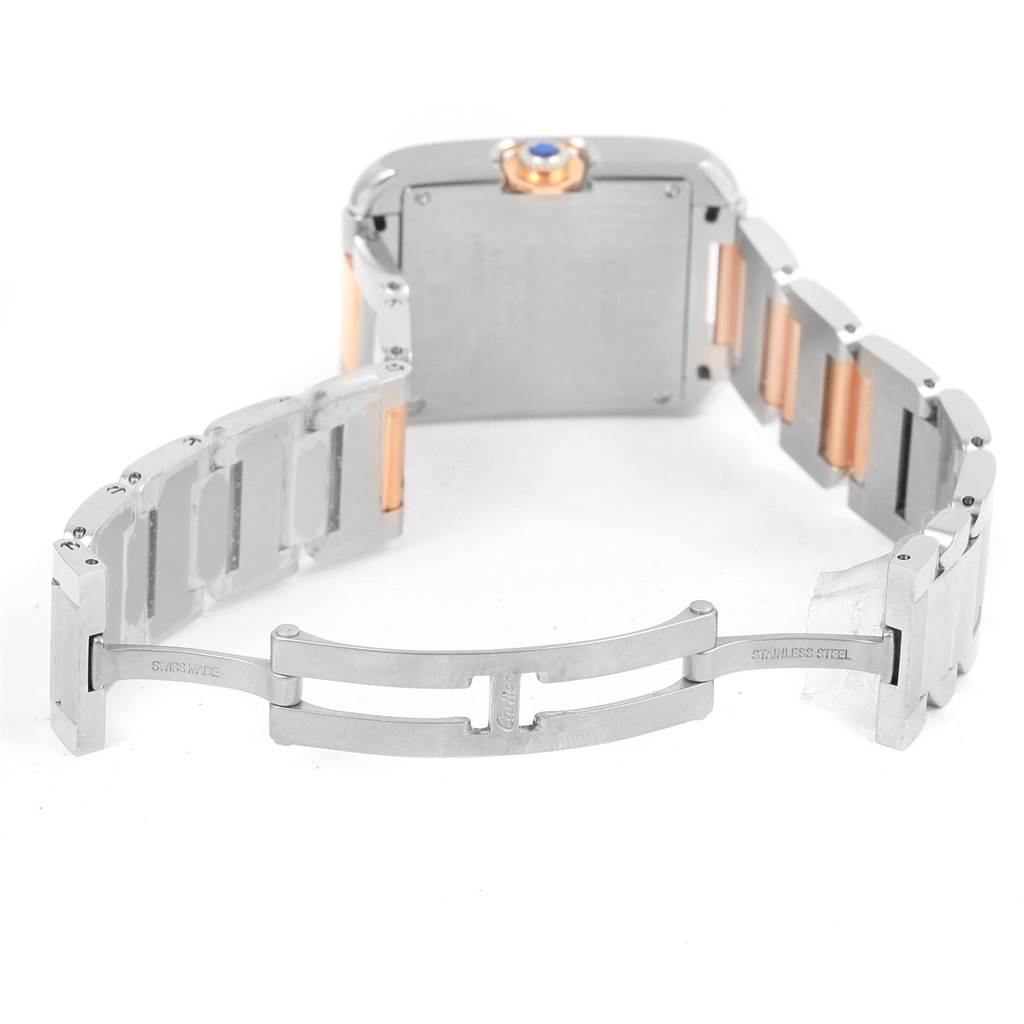 The image shows the back view and open clasp of the Cartier Tank Anglaise WT100032 Women's Steel and Gold (two tone) Silver Dial WT100032 Women's Steel and Gold (two tone) Silver Dial watch, focusing on the metal bracelet and deployment clasp.