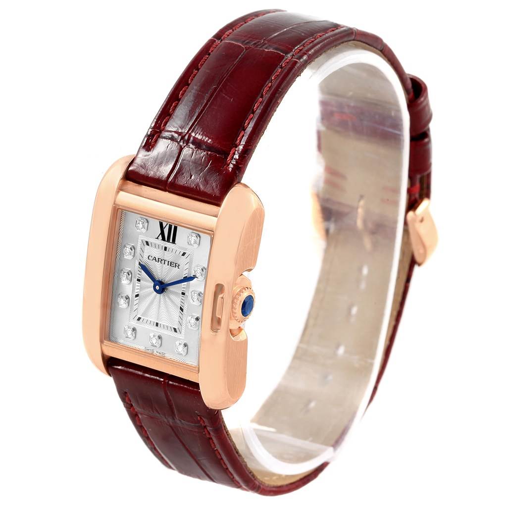 The Cartier Tank Anglaise WJTA0007 Women's Rose Gold Silver Dial WJTA0007 Women's Rose Gold Silver Dial watch is shown at a three-quarter angle, highlighting the face, strap, and crown.