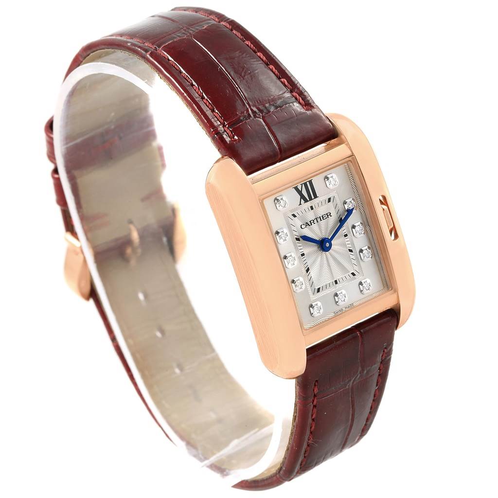 The image shows a Cartier Tank Anglaise WJTA0007 Women's Rose Gold Silver Dial WJTA0007 Women's Rose Gold Silver Dial watch at a slight angle, highlighting the face, case, and leather strap.