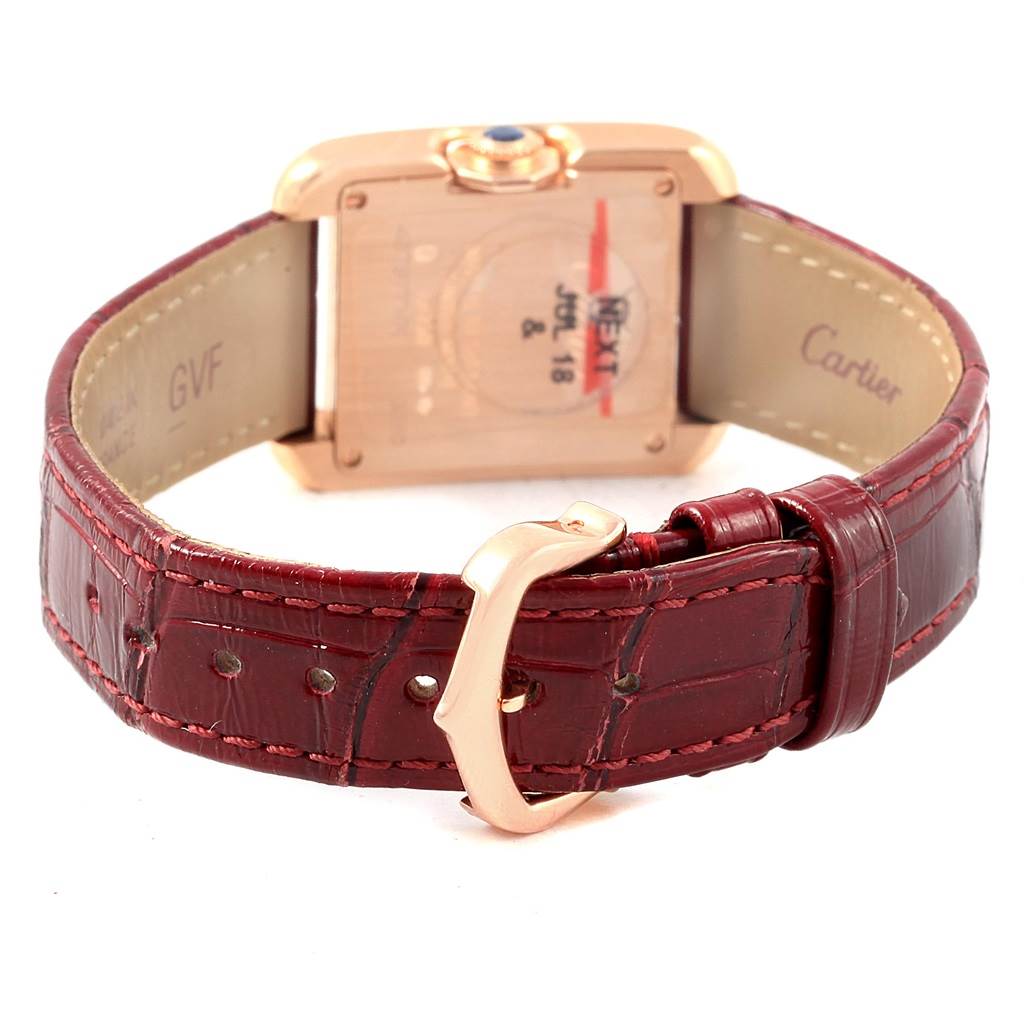 The image shows the back and strap of a Cartier Tank Anglaise WJTA0007 Women's Rose Gold Silver Dial WJTA0007 Women's Rose Gold Silver Dial watch, highlighting the buckle and caseback.