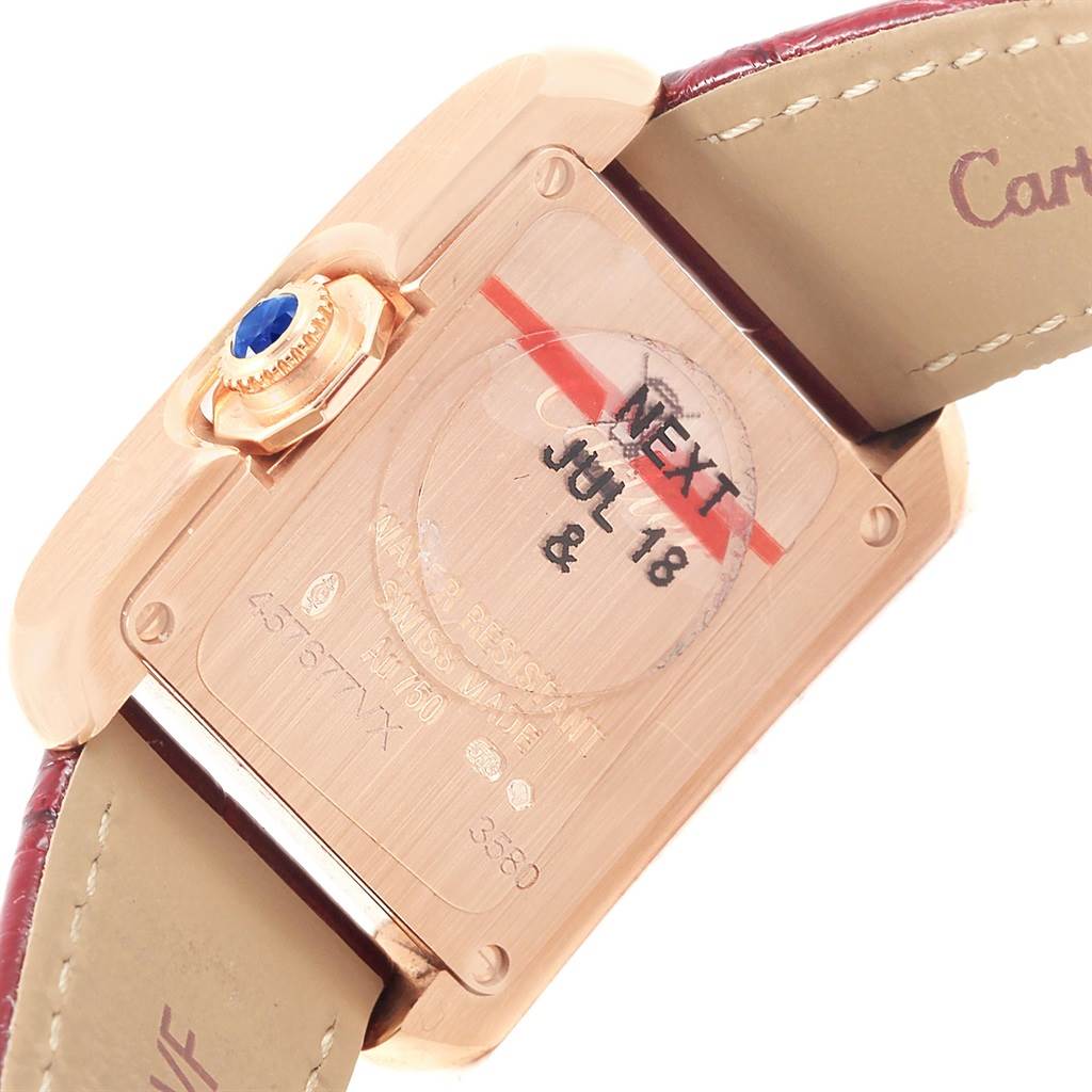The image displays the back view of the Cartier Tank Anglaise WJTA0007 Women's Rose Gold Silver Dial WJTA0007 Women's Rose Gold Silver Dial watch, showing the case back, crown, and part of the leather strap.