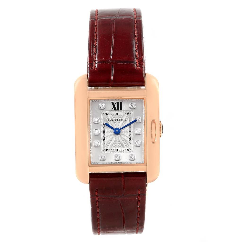 The image shows a frontal view of the Cartier Tank Anglaise WJTA0007 Women's Rose Gold Silver Dial WJTA0007 Women's Rose Gold Silver Dial watch, highlighting its rectangular case, dial, and leather strap.
