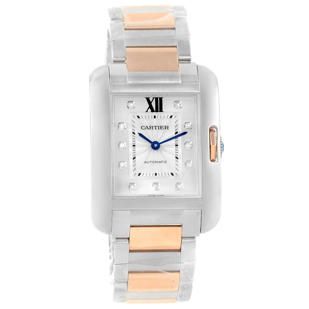 This is a front view of a Cartier Tank Anglaise WT100034 Steel and Gold (two tone) Silver Dial WT100034 Steel and Gold (two tone) Silver Dial watch showing the face, bezel, and part of the bracelet.