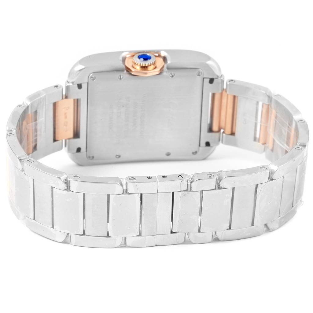 The image shows the back and band of a Cartier Tank Anglaise WT100034 Steel and Gold (two tone) Silver Dial WT100034 Steel and Gold (two tone) Silver Dial watch at a rear angle.