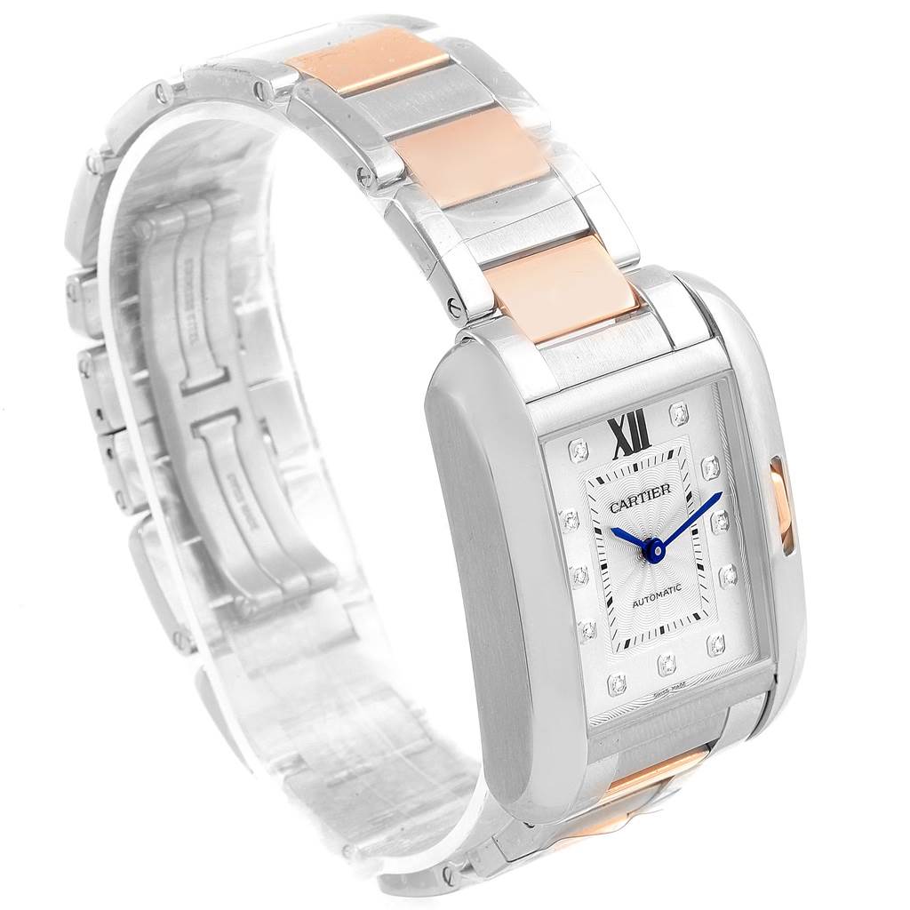 This image shows a Cartier Tank Anglaise WT100034 Steel and Gold (two tone) Silver Dial WT100034 Steel and Gold (two tone) Silver Dial watch from a slight side angle, highlighting its rectangular face and metallic band.