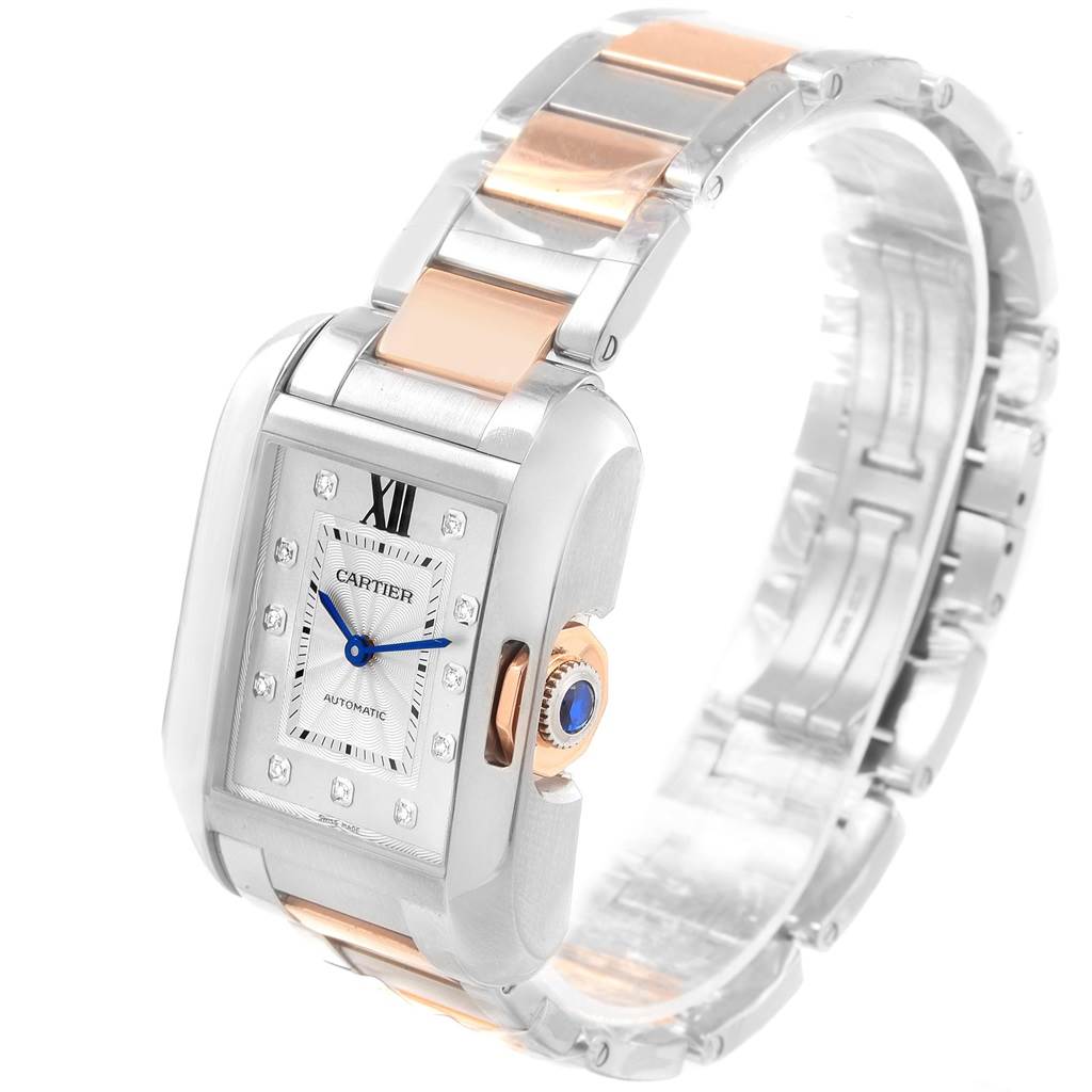 The image shows a Cartier Tank Anglaise WT100034 Steel and Gold (two tone) Silver Dial WT100034 Steel and Gold (two tone) Silver Dial watch from an angled side view, highlighting its dial, crown, and bracelet.