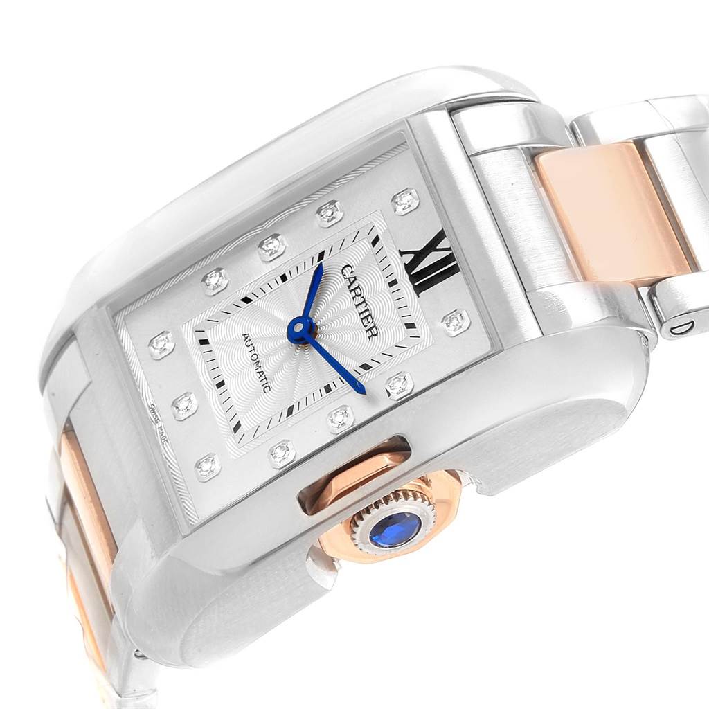 The image shows a close-up angled view of the Cartier Tank Anglaise WT100034 Steel and Gold (two tone) Silver Dial WT100034 Steel and Gold (two tone) Silver Dial watch, including its face, crown, and part of the bracelet.