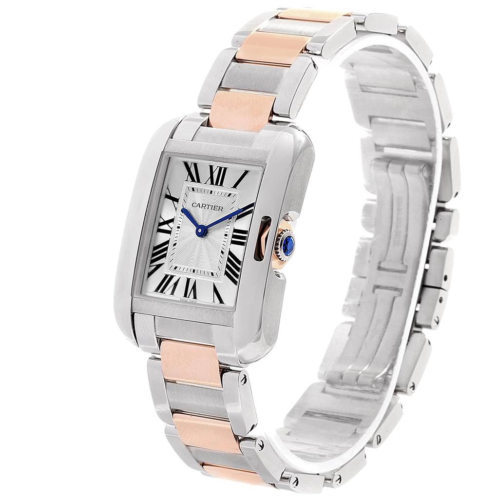 This image shows a Cartier Tank Anglaise WT100032 Women's Steel and Gold (two tone) Silver Dial WT100032 Women's Steel and Gold (two tone) Silver Dial watch at an angle highlighting its rectangular face and metal bracelet.