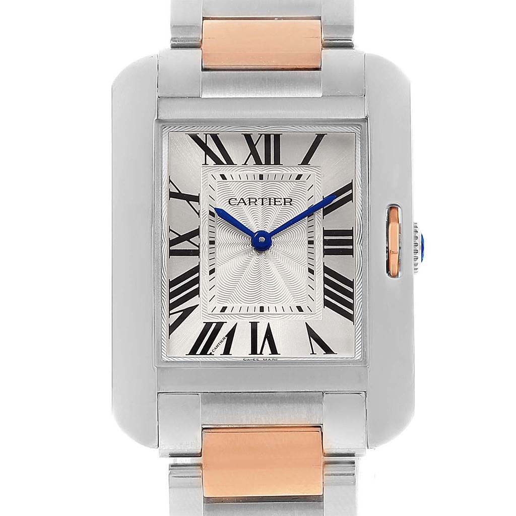 This image shows the Cartier Tank Anglaise WT100032 Women's Steel and Gold (two tone) Silver Dial WT100032 Women's Steel and Gold (two tone) Silver Dial watch from a front angle, highlighting its rectangular face, Roman numerals, and two-tone bracelet.