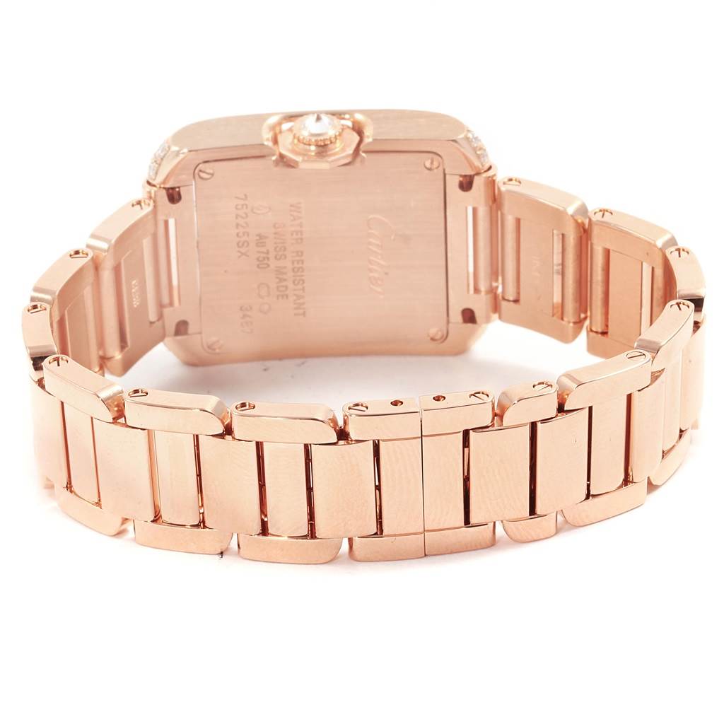 This image shows the backside of a Cartier Tank Anglaise WT100002 Women's Rose Gold Silver Dial WT100002 Women's Rose Gold Silver Dial watch, highlighting its metal bracelet and case back.