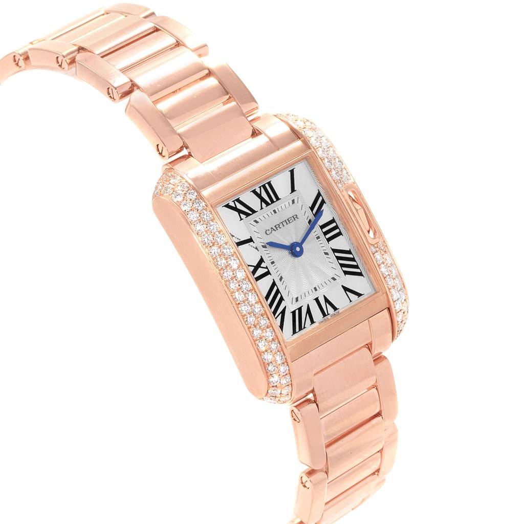 The image shows a Cartier Tank Anglaise WT100002 Women's Rose Gold Silver Dial WT100002 Women's Rose Gold Silver Dial watch from an angled top-down perspective, highlighting its face and metal bracelet.