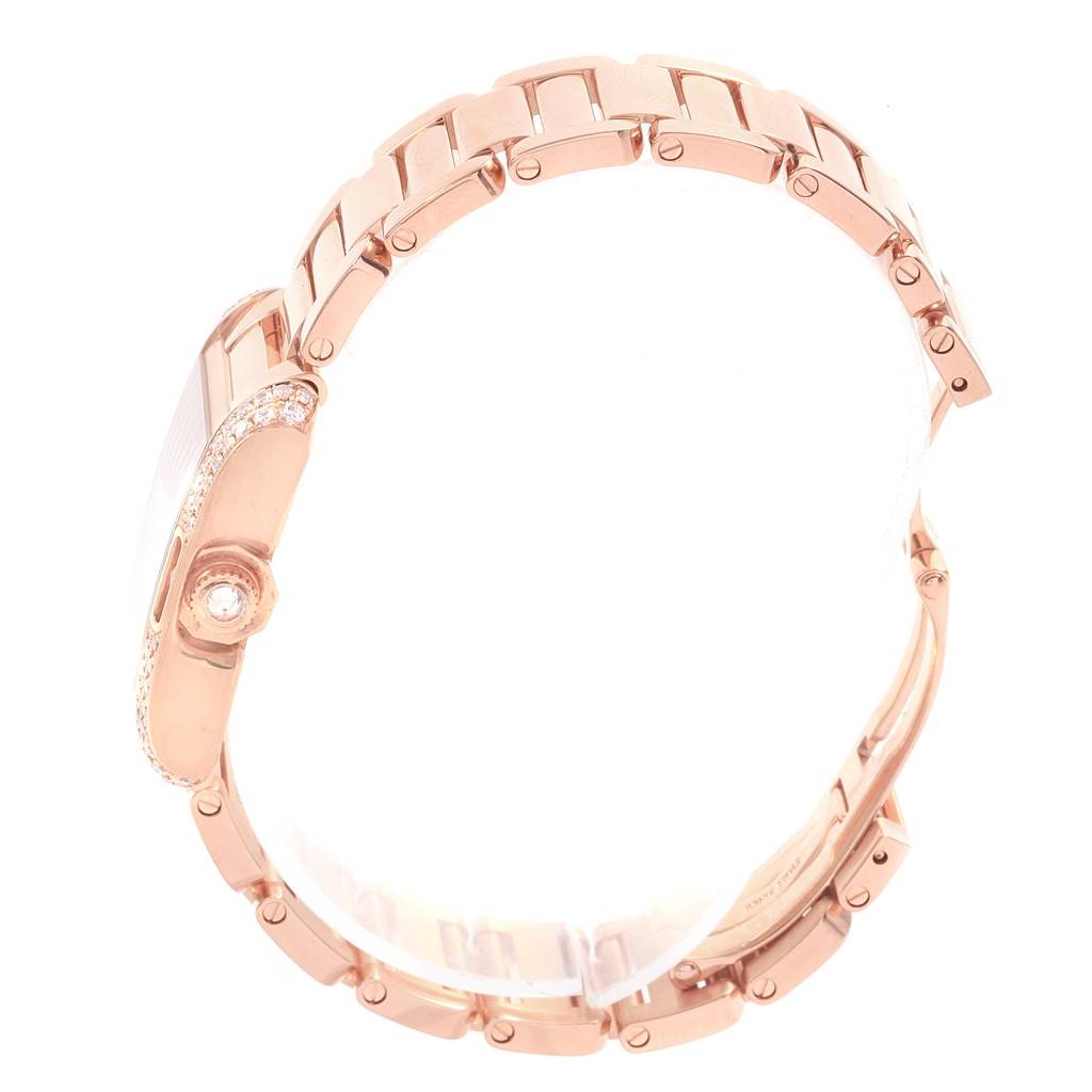 This is a side view of the Cartier Tank Anglaise WT100002 Women's Rose Gold Silver Dial WT100002 Women's Rose Gold Silver Dial watch, showing the bracelet and side case with a jeweled crown.