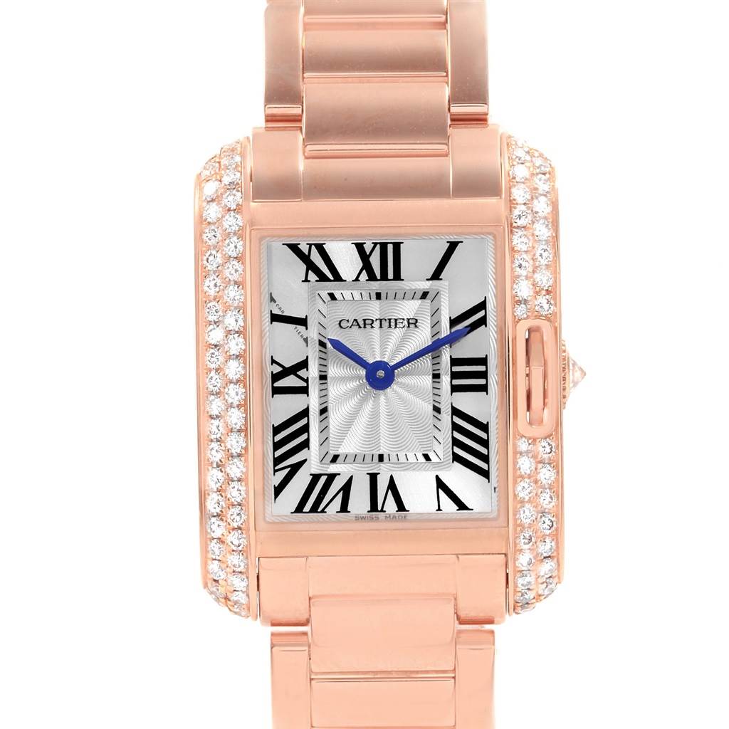 This image shows a front view of the Cartier Tank Anglaise WT100002 Women's Rose Gold Silver Dial WT100002 Women's Rose Gold Silver Dial watch, highlighting the dial, case, and part of the bracelet.
