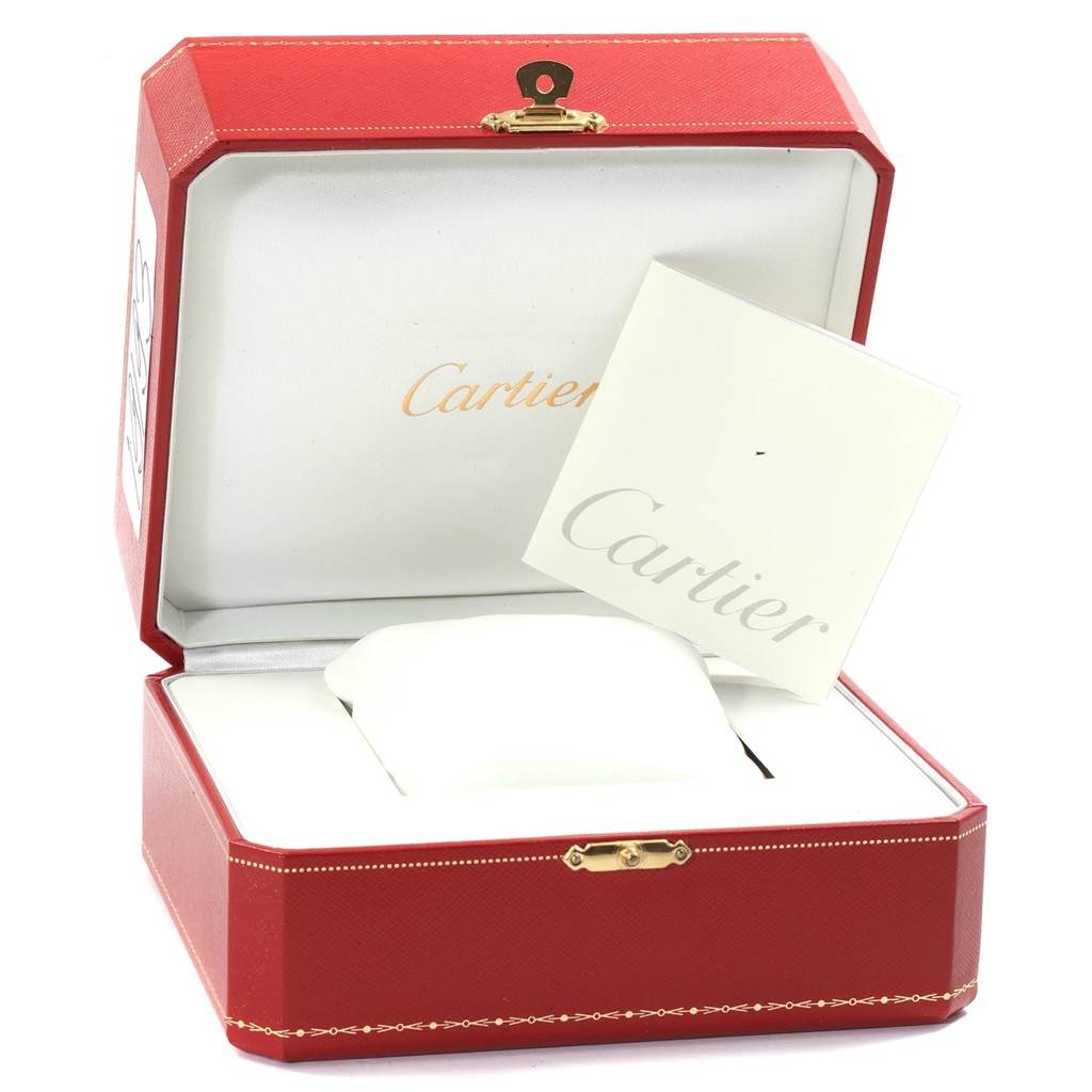 The image shows an open Cartier Tank Anglaise WT100002 Women's Rose Gold Silver Dial WT100002 Women's Rose Gold Silver Dial watch box with a red exterior, white interior, and accompanying booklet.