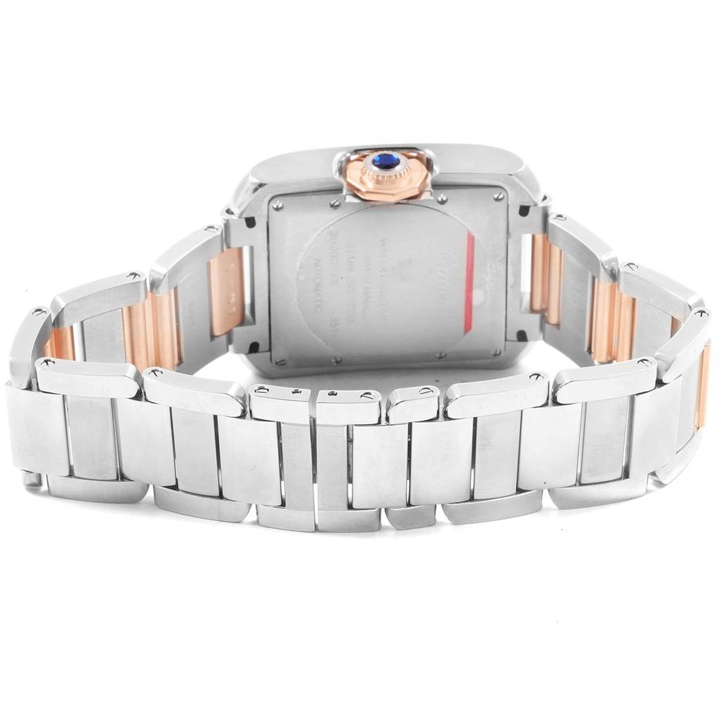 This image shows the back and bracelet of the Cartier Tank Anglaise W5310007 Men
s Steel and Gold (two tone) Silver Dial W5310007 Men
s Steel and Gold (two tone) Silver Dial watch, highlighting its two-tone metal design and clasp.