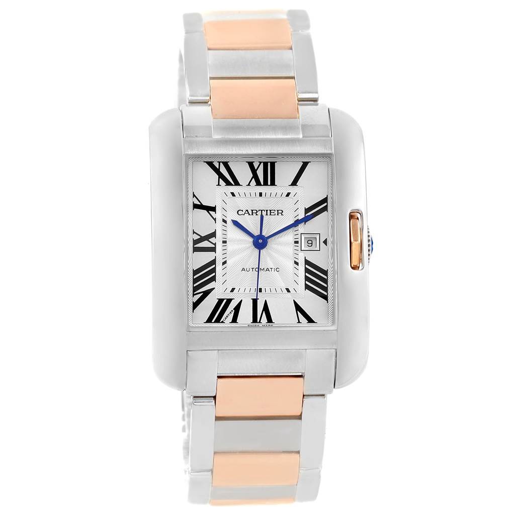 The image shows a frontal view of a Cartier Tank Anglaise W5310007 Men
s Steel and Gold (two tone) Silver Dial W5310007 Men
s Steel and Gold (two tone) Silver Dial watch, including the dial, case, and metal bracelet.