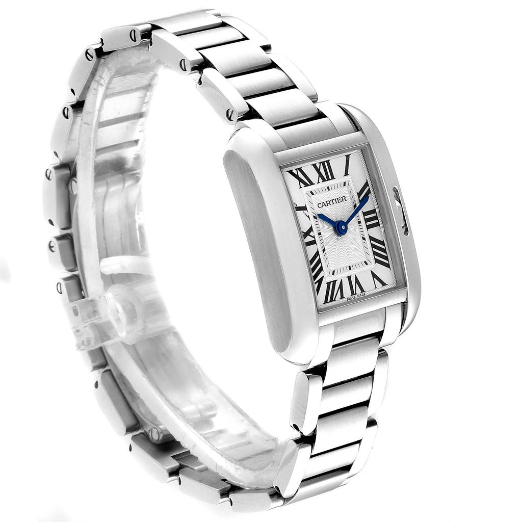 A Cartier Tank Anglaise W5310022 Women's Stainless Steel Silver Dial W5310022 Women's Stainless Steel Silver Dial watch is shown at a diagonal angle displaying its rectangular face, bracelet, and crown.