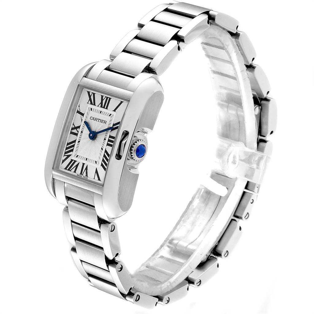 The Cartier Tank Anglaise W5310022 Women's Stainless Steel Silver Dial W5310022 Women's Stainless Steel Silver Dial watch is shown at an angle highlighting the face, bezel, crown, and bracelet.