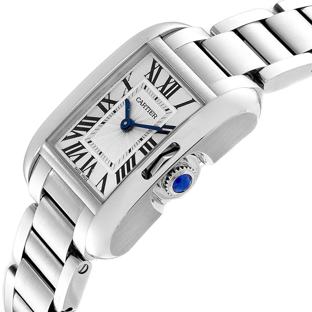 This image shows a side-angle view of a Cartier Tank Anglaise W5310022 Women's Stainless Steel Silver Dial W5310022 Women's Stainless Steel Silver Dial watch, displaying the face, crown, and part of the bracelet.