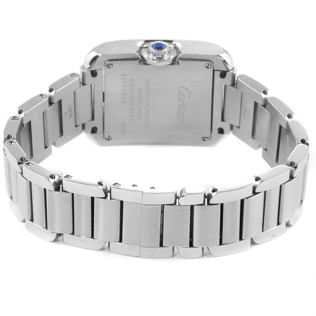 The image shows the backside of the Cartier Tank Anglaise W5310022 Women's Stainless Steel Silver Dial W5310022 Women's Stainless Steel Silver Dial watch, highlighting the bracelet and case back with visible engravings.