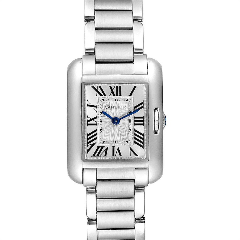 This image shows a front view of a Cartier Tank Anglaise watch, displaying the face, bracelet, and crown.