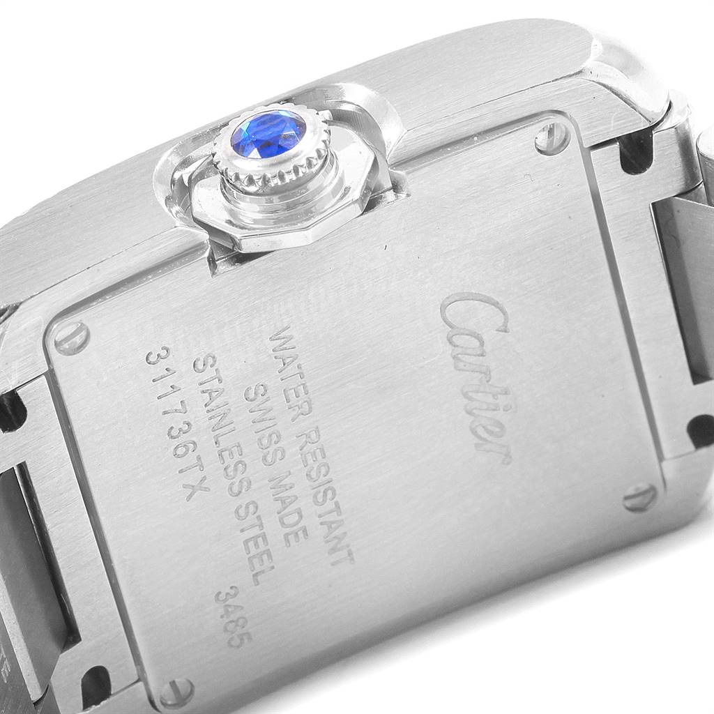 The image shows the back case and crown of the Tank Anglaise watch by Cartier.