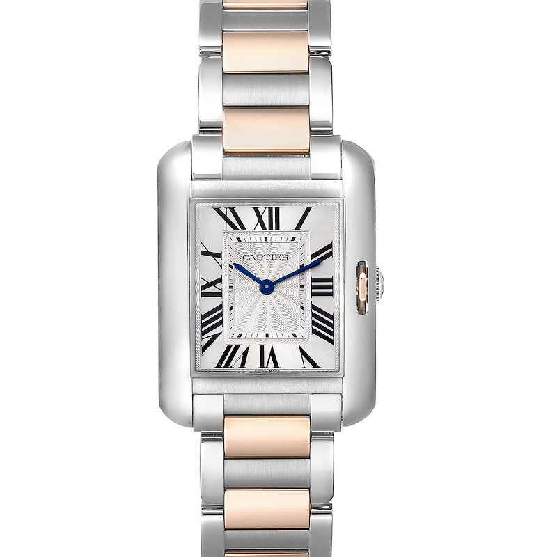 This Cartier Tank Anglaise watch is shown from a top-down angle, displaying the square dial and metal bracelet.