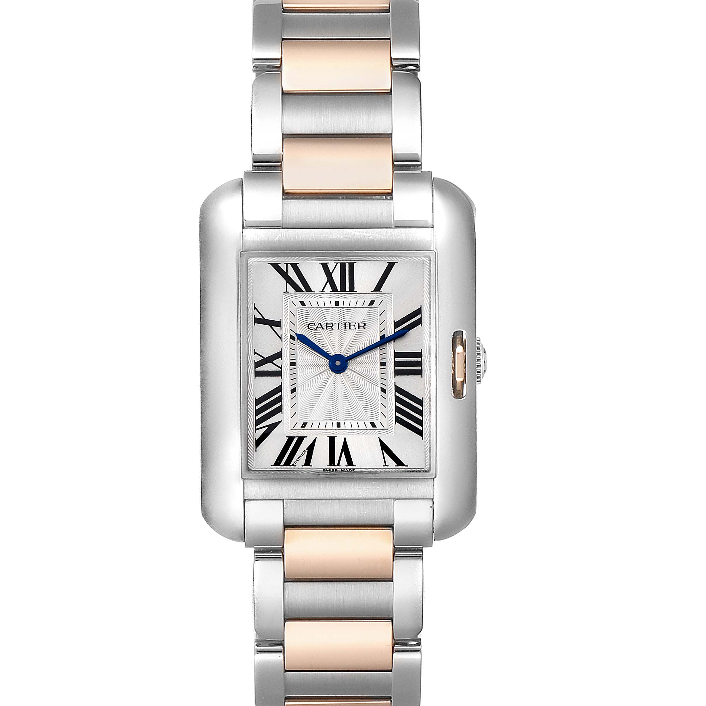 This Cartier Tank Anglaise WT100032 Women's Steel and Gold (two tone) Silver Dial WT100032 Women's Steel and Gold (two tone) Silver Dial watch is shown from a top-down angle, displaying the square dial and metal bracelet.