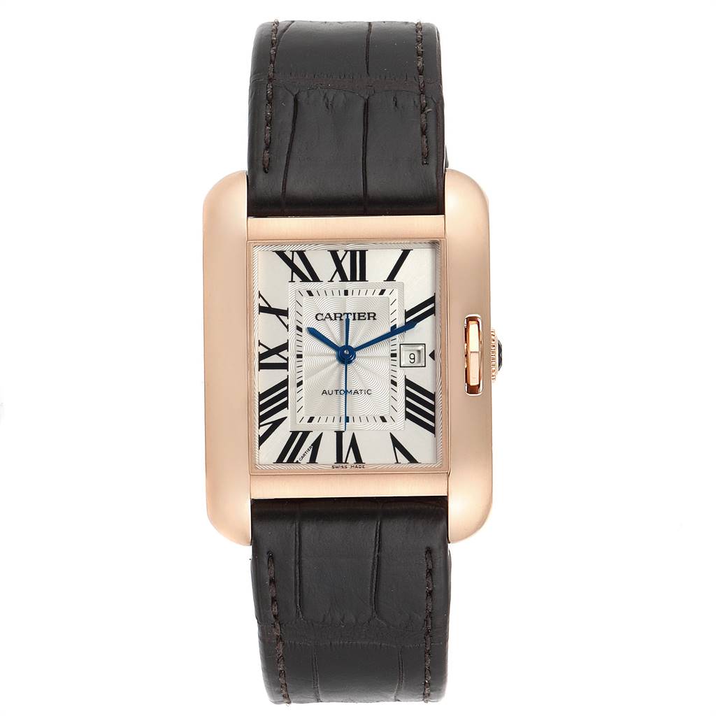 The Cartier Tank Anglaise W5310005 Women's Rose Gold Silver Dial W5310005 Women's Rose Gold Silver Dial watch is shown from the front, displaying the dial, case, and leather strap.