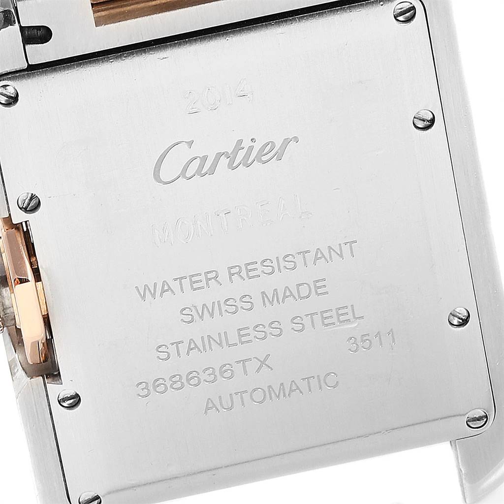 The image shows the back case of the Cartier Tank Anglaise W5310007 Women's Steel and Gold (two tone) Silver Dial W5310007 Women's Steel and Gold (two tone) Silver Dial watch with engravings detailing its features.