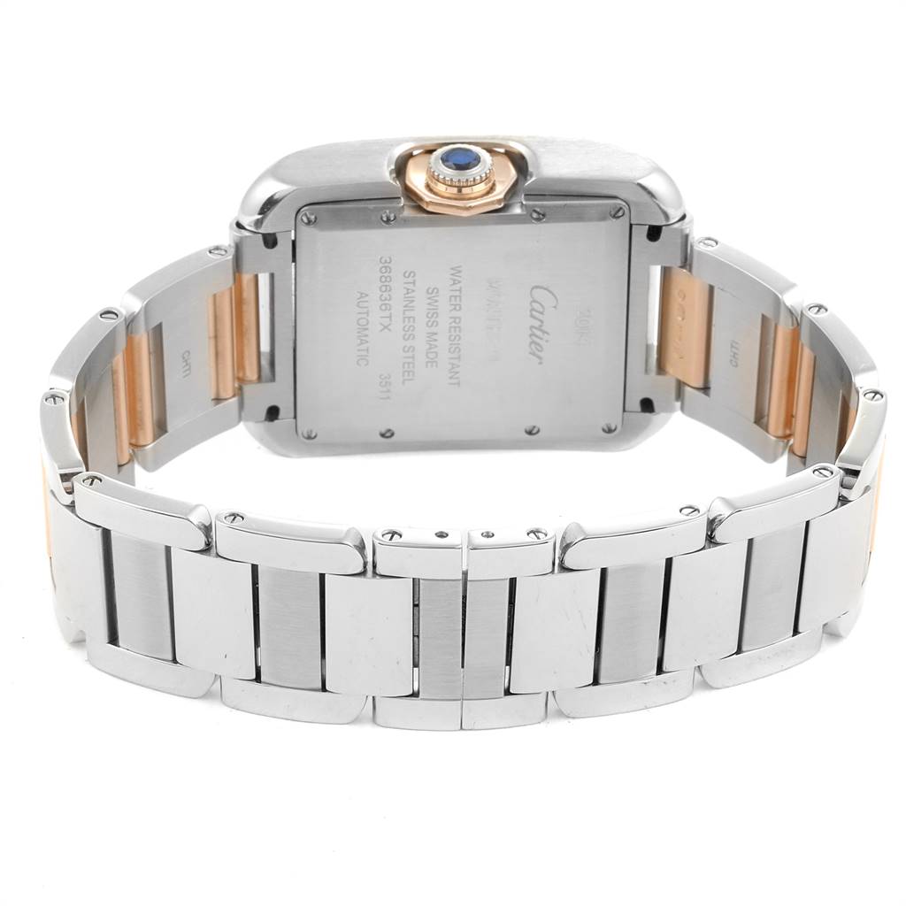 This image shows the back view of a Cartier Tank Anglaise W5310007 Women's Steel and Gold (two tone) Silver Dial W5310007 Women's Steel and Gold (two tone) Silver Dial watch, highlighting its case, band, and clasp.