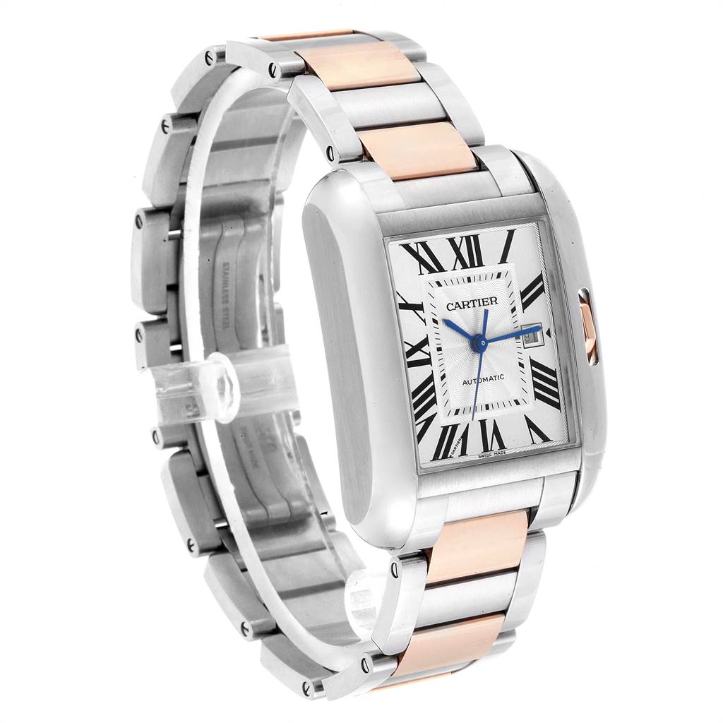 The image shows a side angle of the Cartier Tank Anglaise W5310007 Women's Steel and Gold (two tone) Silver Dial W5310007 Women's Steel and Gold (two tone) Silver Dial watch, highlighting its rectangular face and two-tone metal bracelet.