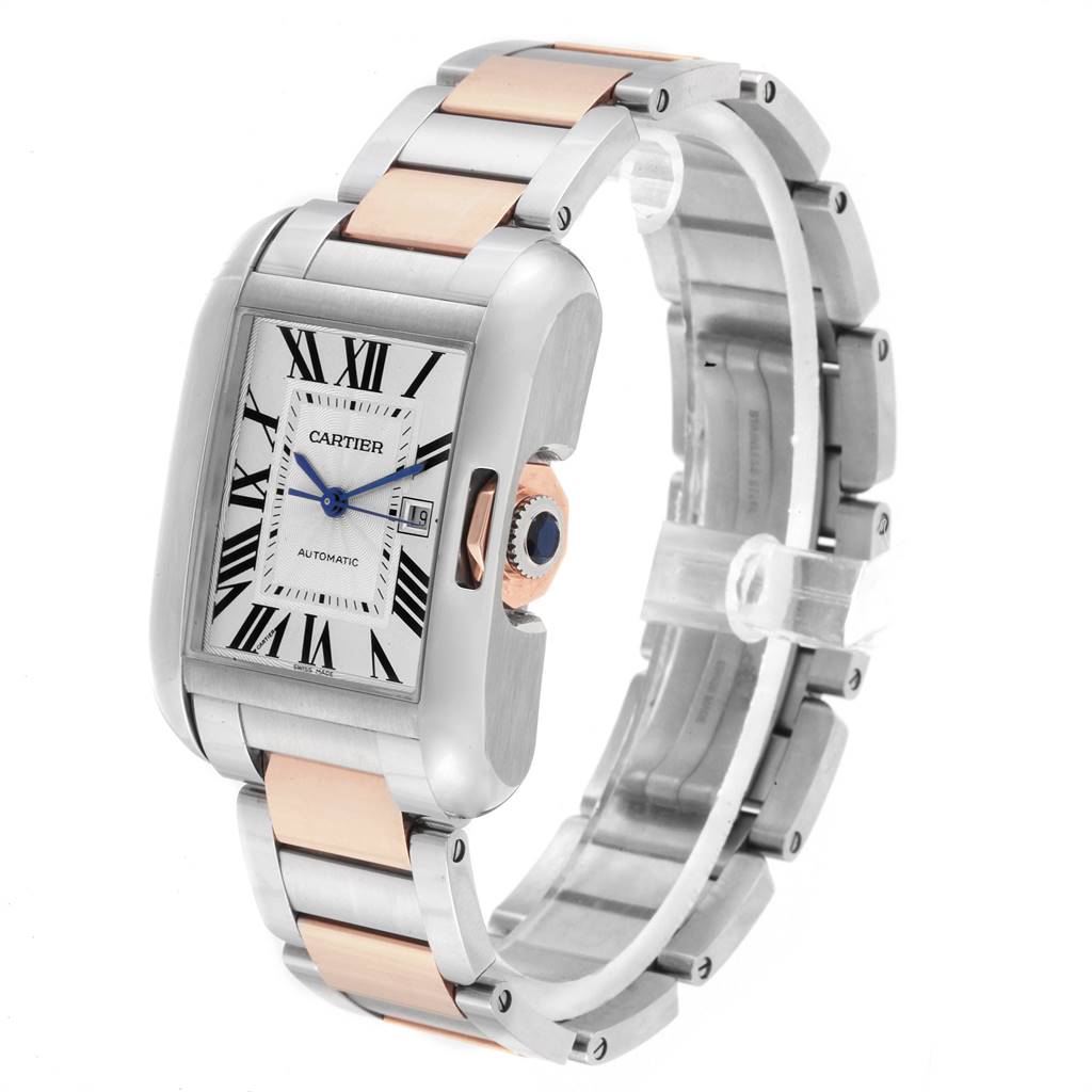 The Cartier Tank Anglaise W5310007 Women's Steel and Gold (two tone) Silver Dial W5310007 Women's Steel and Gold (two tone) Silver Dial watch is shown at a 3/4 angle, highlighting its face, bezel, and two-tone metal bracelet.