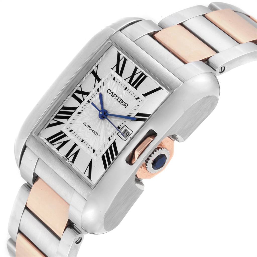 The image shows a side-angle view of a Cartier Tank Anglaise W5310007 Women's Steel and Gold (two tone) Silver Dial W5310007 Women's Steel and Gold (two tone) Silver Dial watch, displaying its face, crown, and part of the two-tone bracelet.