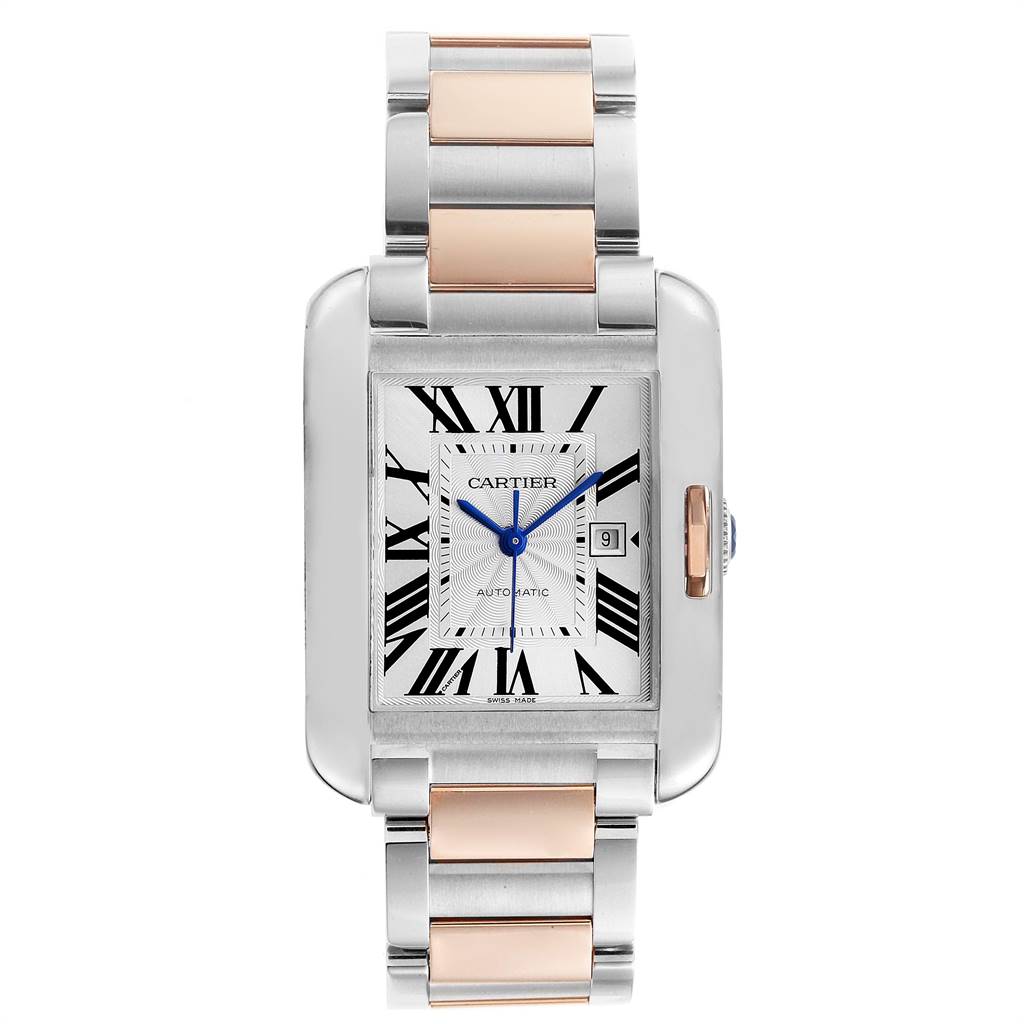 This Cartier Tank Anglaise W5310007 Women's Steel and Gold (two tone) Silver Dial W5310007 Women's Steel and Gold (two tone) Silver Dial watch is shown from the front, displaying its rectangular face, blue hands, Roman numerals, and metallic bracelet.