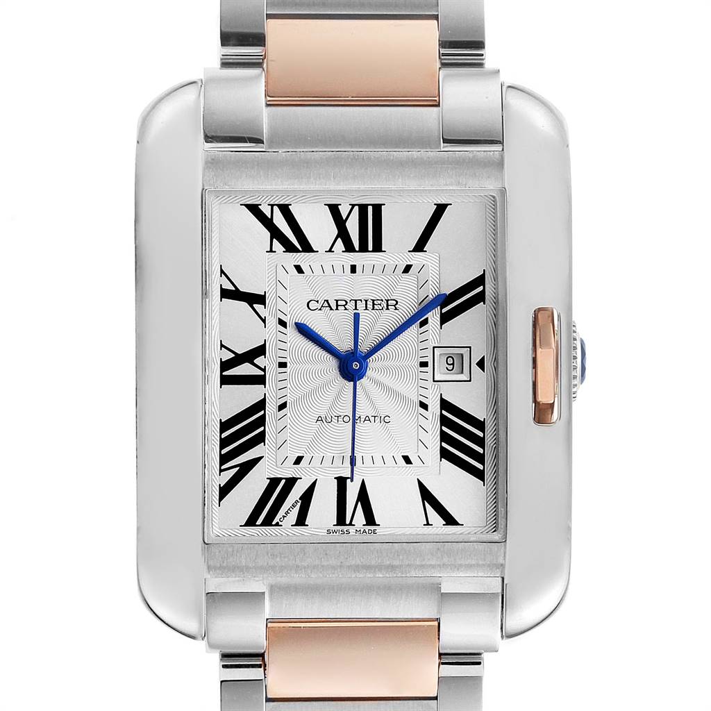 This is a front view of a Cartier Tank Anglaise W5310007 Women's Steel and Gold (two tone) Silver Dial W5310007 Women's Steel and Gold (two tone) Silver Dial watch, showcasing the dial and part of the bracelet.
