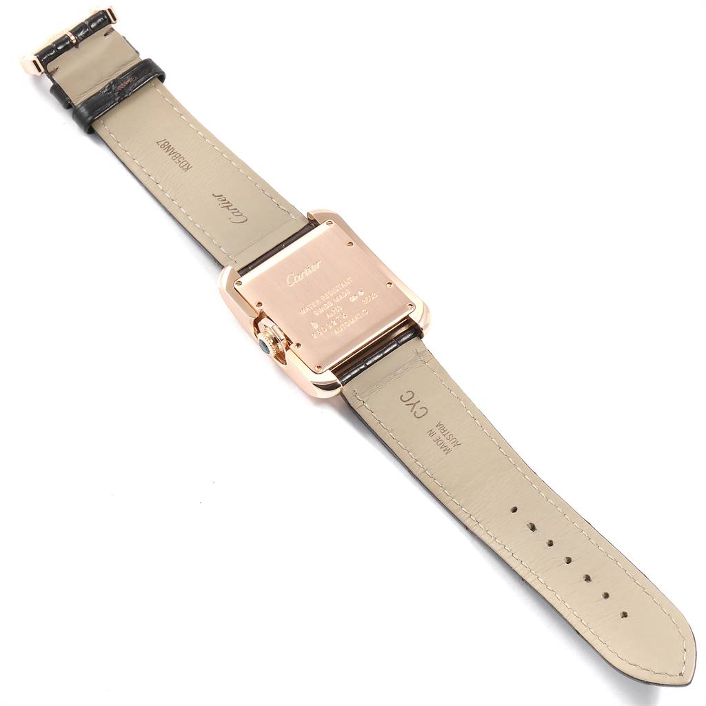 The image shows the back view of a Cartier Tank Anglaise W5310005 Women's Rose Gold Silver Dial W5310005 Women's Rose Gold Silver Dial watch, highlighting its case back and leather straps.