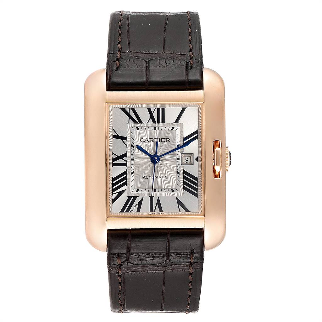 The image shows a front view of a Cartier Tank Anglaise W5310005 Women's Rose Gold Silver Dial W5310005 Women's Rose Gold Silver Dial watch with a brown leather strap, Roman numerals, and date display.