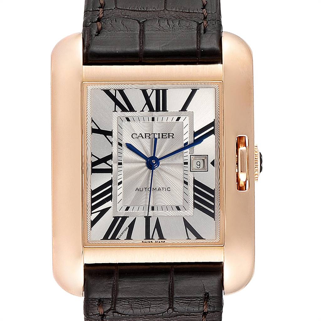 This image displays a front view of the Cartier Tank Anglaise W5310005 Women's Rose Gold Silver Dial W5310005 Women's Rose Gold Silver Dial watch, highlighting its face, dial, crown, and leather strap.