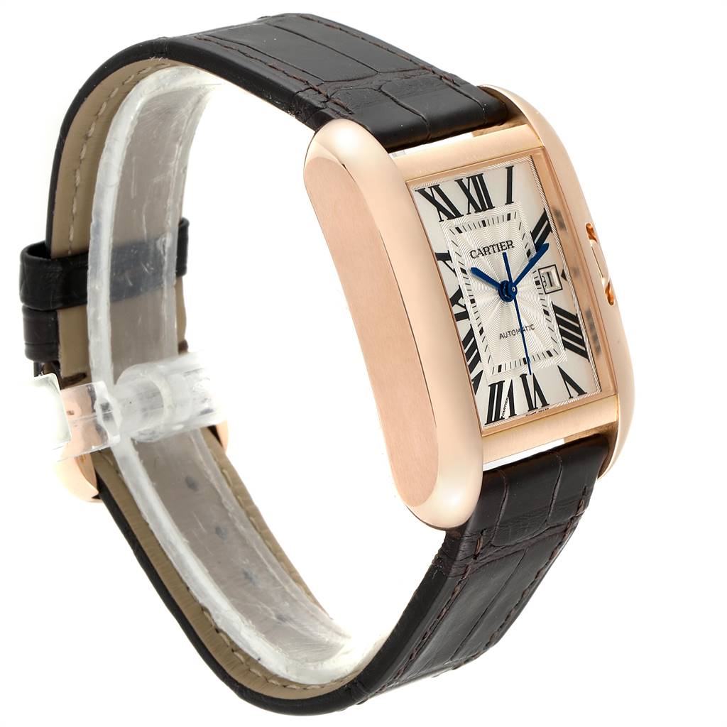 The image shows a side and front angle of the Cartier Tank Anglaise W5310005 Women's Rose Gold Silver Dial W5310005 Women's Rose Gold Silver Dial watch, highlighting its leather strap and rectangular face.