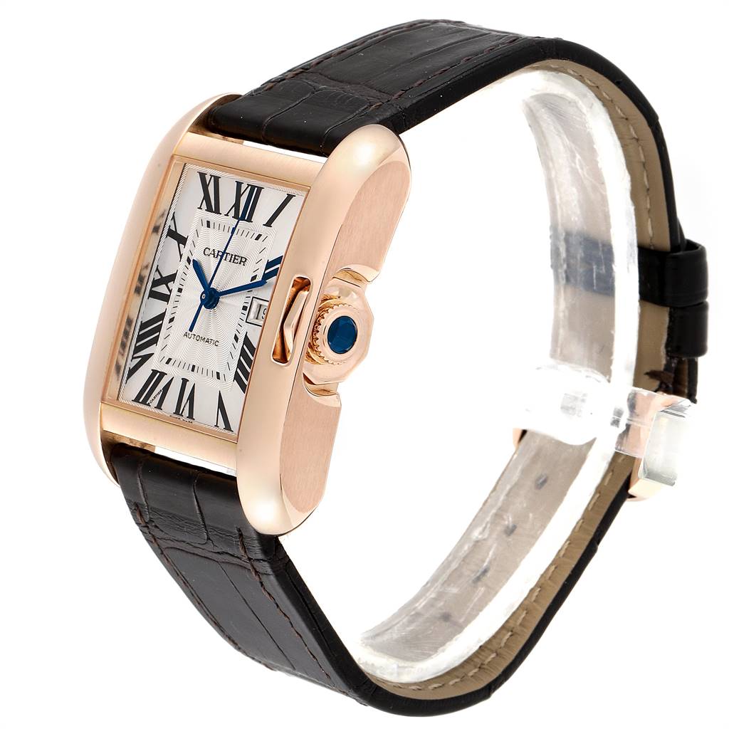 This image shows a Cartier Tank Anglaise W5310005 Women's Rose Gold Silver Dial W5310005 Women's Rose Gold Silver Dial watch from an angled front view, highlighting its rectangular dial, leather strap, and crown.