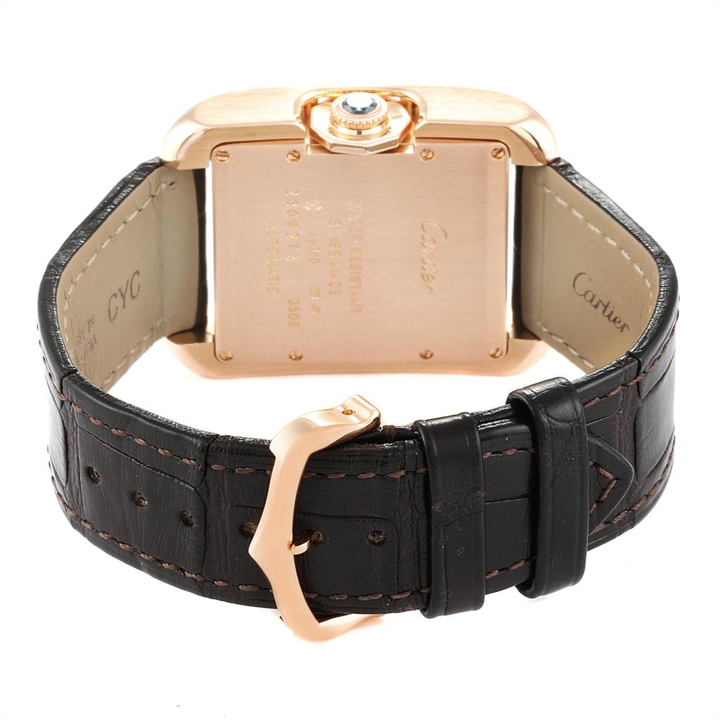 This image shows the back view of a Cartier Tank Anglaise W5310005 Women's Rose Gold Silver Dial W5310005 Women's Rose Gold Silver Dial watch with a visible leather strap and buckle.