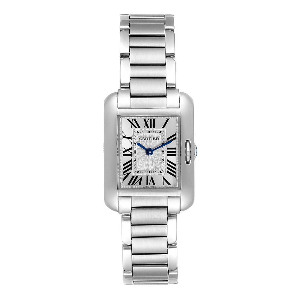 The image shows a front view of the Cartier Tank Anglaise W5310022 Women's Stainless Steel Silver Dial W5310022 Women's Stainless Steel Silver Dial watch, highlighting its rectangular face, Roman numerals, and metal bracelet.